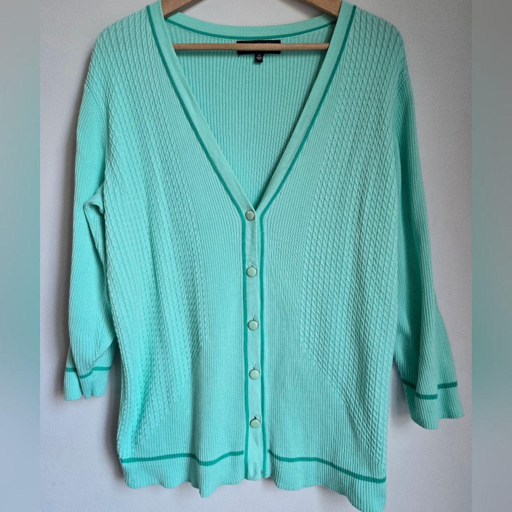 JONES NEW YORK Mint Green V-Neck Button-Up Cotton & Viscose Blend Sweater